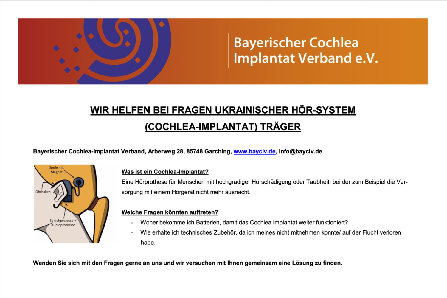 Flugblatt für die Ukraine Hilfe vom Bayerischen Implantat Verband